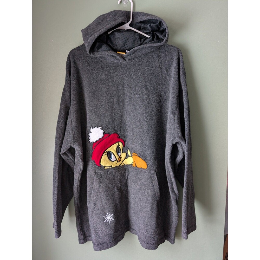 Vtg 2001 Looney Tunes Hoodie 2XL Gray Tweety Bird Winter Hat Fleece Cartoon Cozy